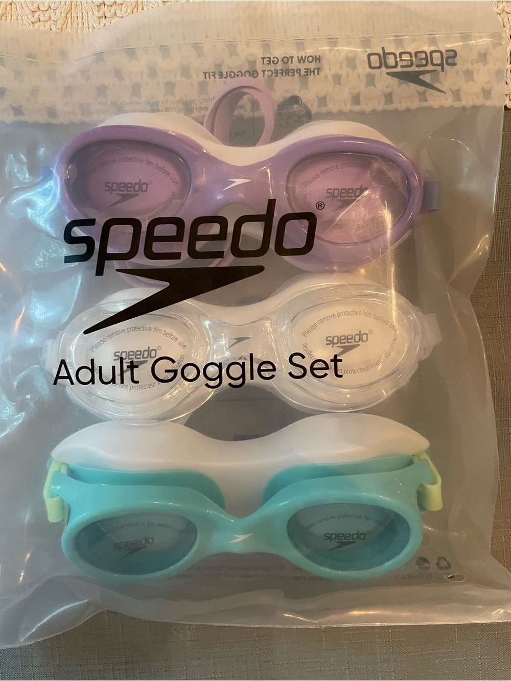 Speedo Adult Goggle Set of 3 in Purple, White, and Aqua New